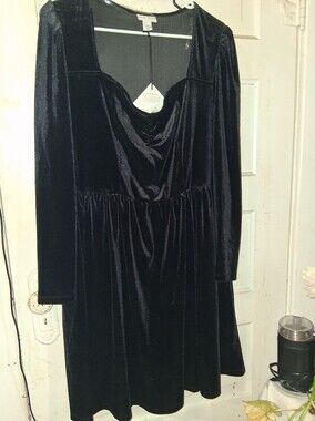 Black Velvet Type Dress Long Sleeve Flared Skirt. Nwt.